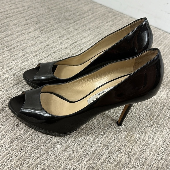 Jimmy Choo Black Patent Leather Luna Peep Toe Platform Heels 38.5/ 8.5 - Picture 7 of 14